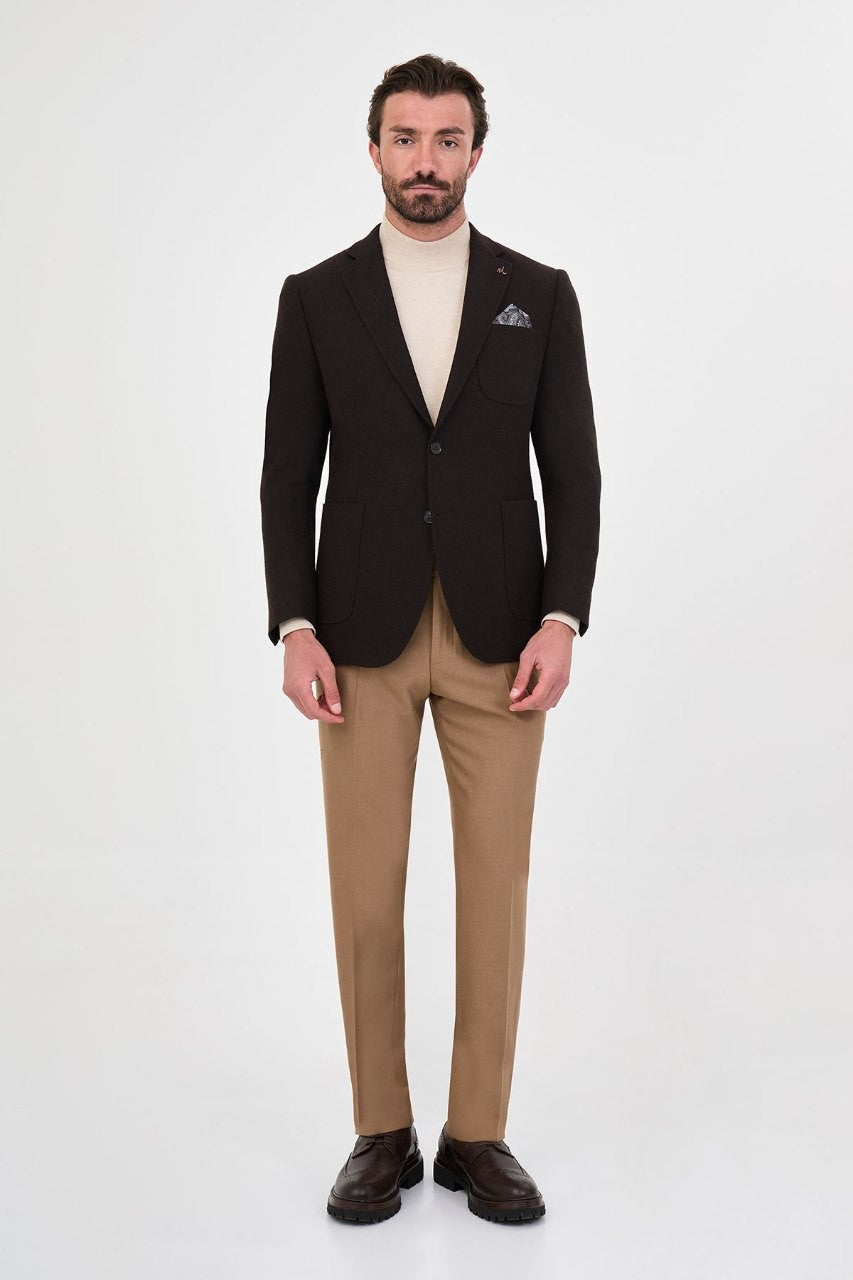 Men’s chocolate brown blazer, full-length outfit view