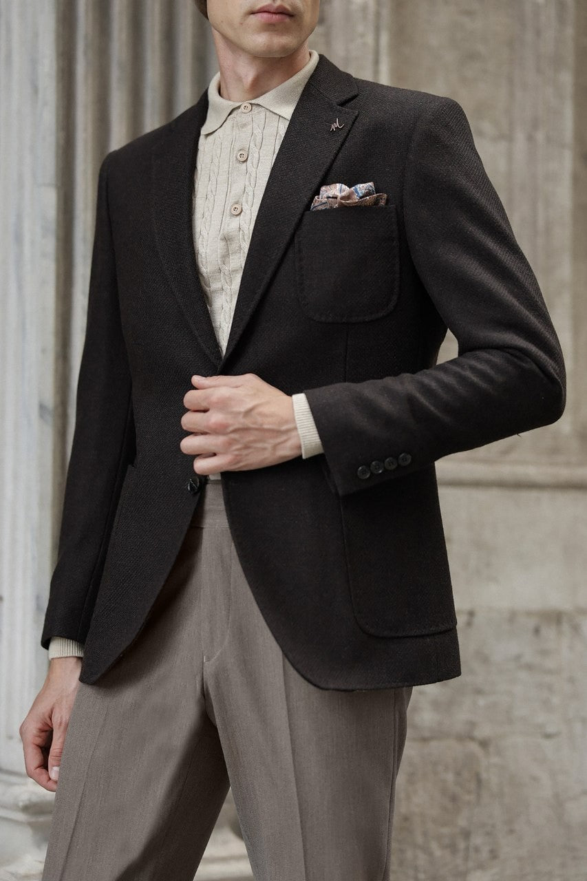 Men’s chocolate brown blazer styled with a knitted polo