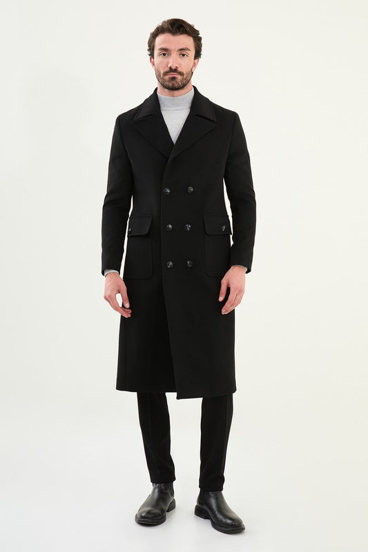 Men’s Classic Black Double - Breasted Long Trench Coat - SUITHARBOR