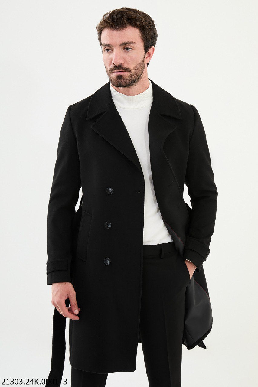 Men's Classic Black Double - Breasted Trench Coat with Belted Waist - SUITHARBOR