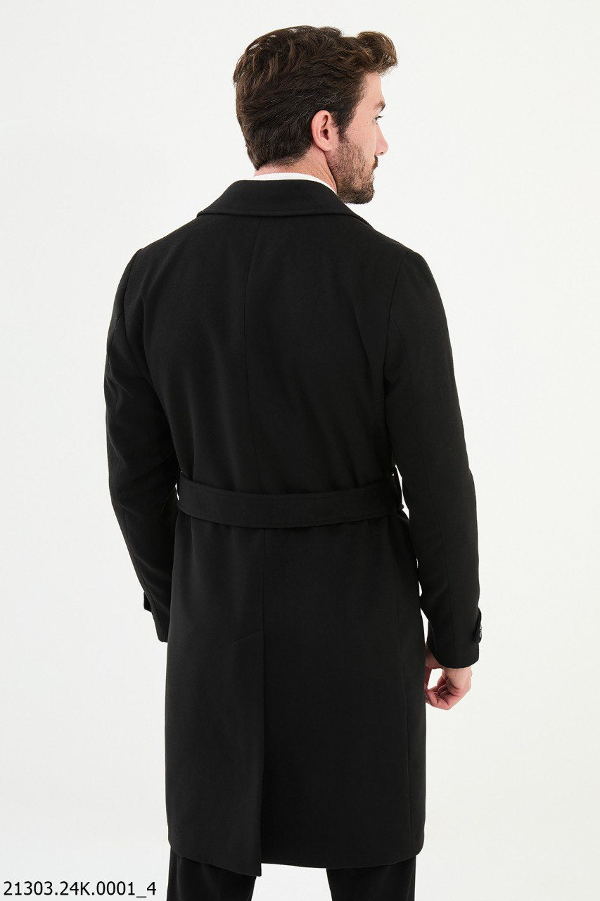 Men's Classic Black Double - Breasted Trench Coat with Belted Waist - SUITHARBOR