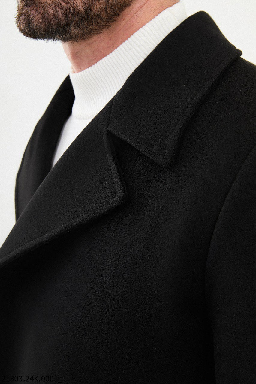 Men's Classic Black Double - Breasted Trench Coat with Belted Waist - SUITHARBOR