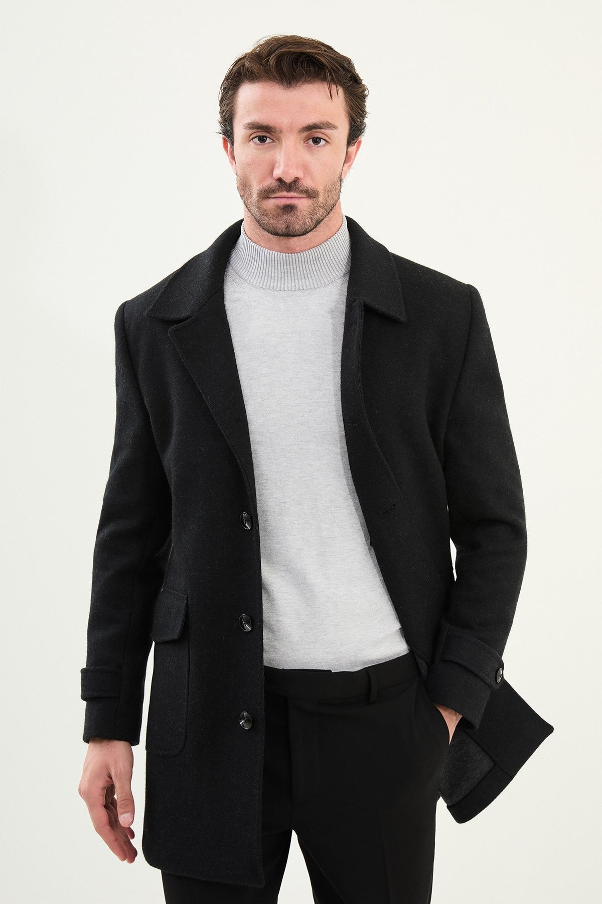 Men’s Classic Black Single - Breasted Tailored Coat - SUITHARBOR