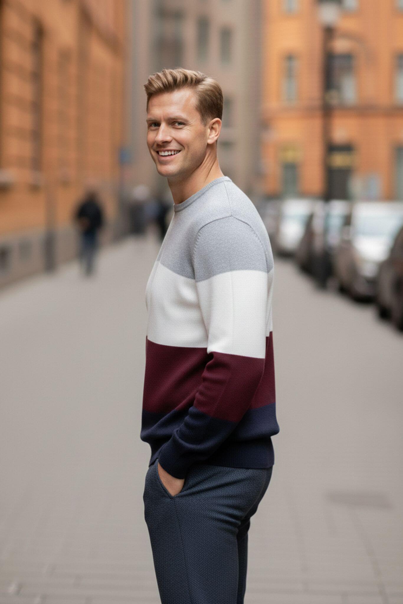 Men's Color Block Knitwear Sweater | Crew Neck Slim Fit - SUITHARBOR