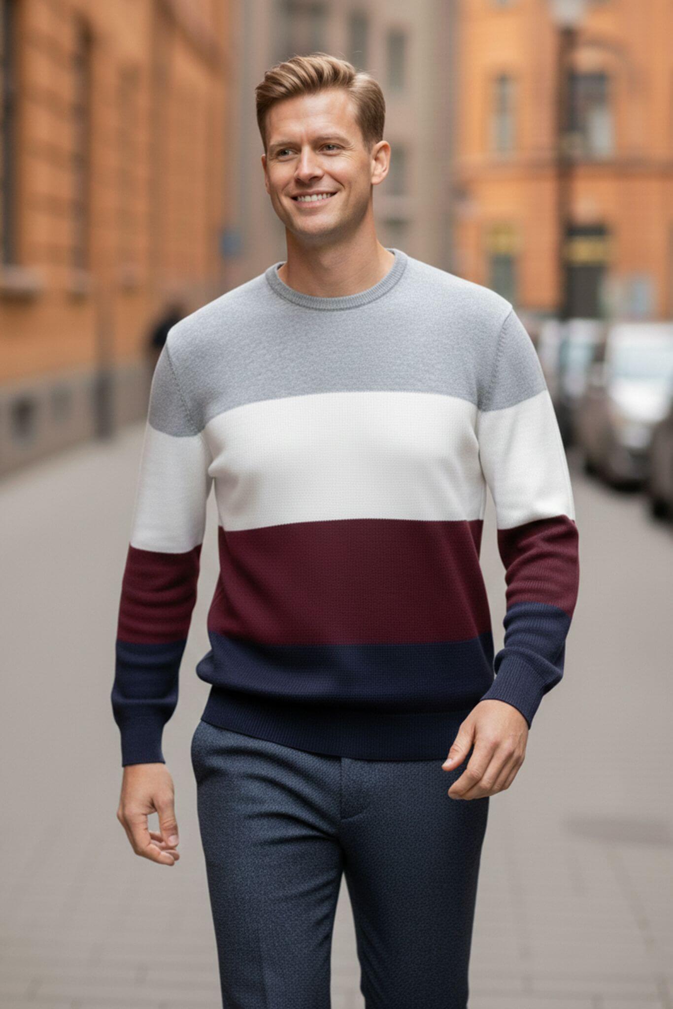 Men's Color Block Knitwear Sweater | Crew Neck Slim Fit - SUITHARBOR