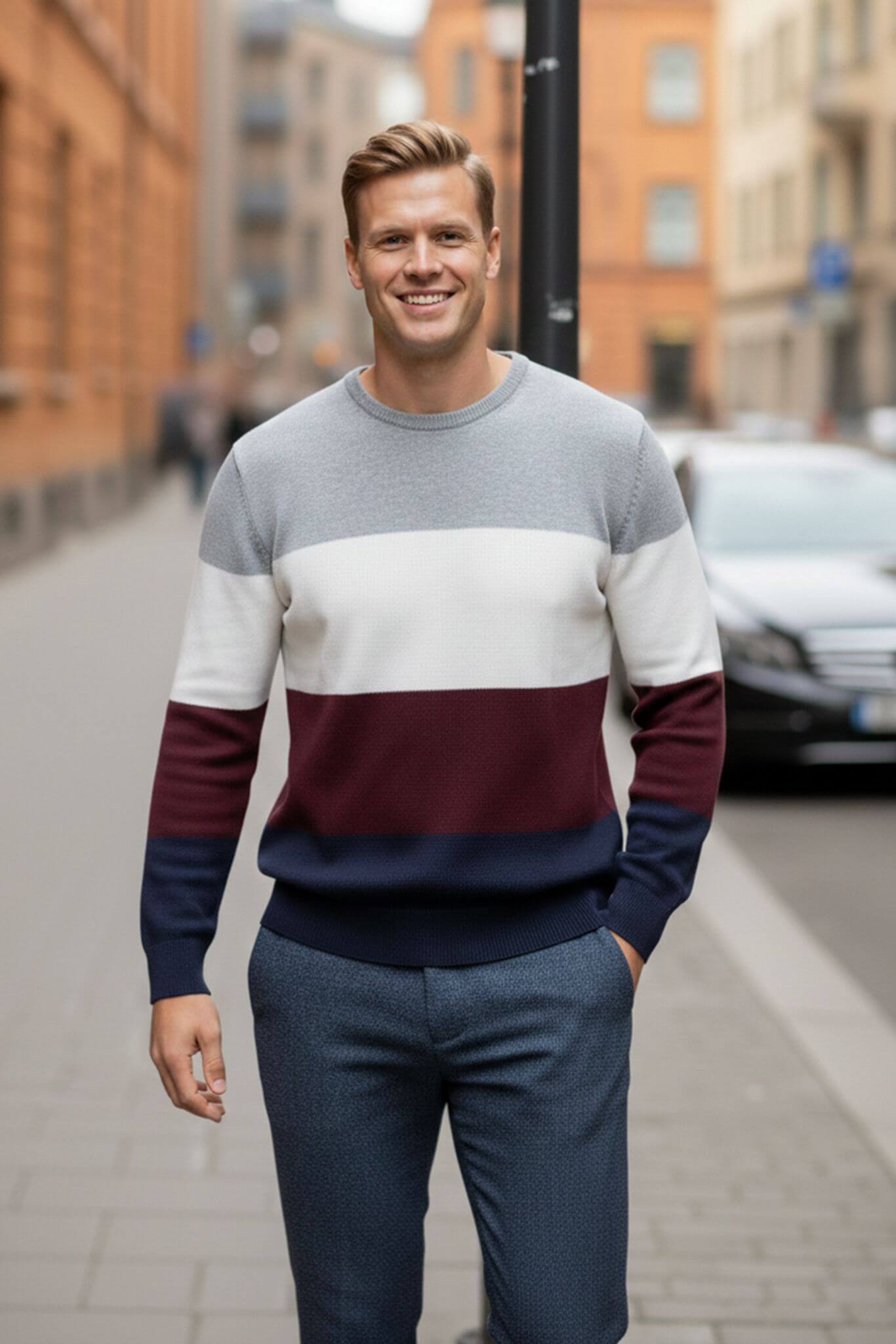 Men's Color Block Knitwear Sweater | Crew Neck Slim Fit - SUITHARBOR