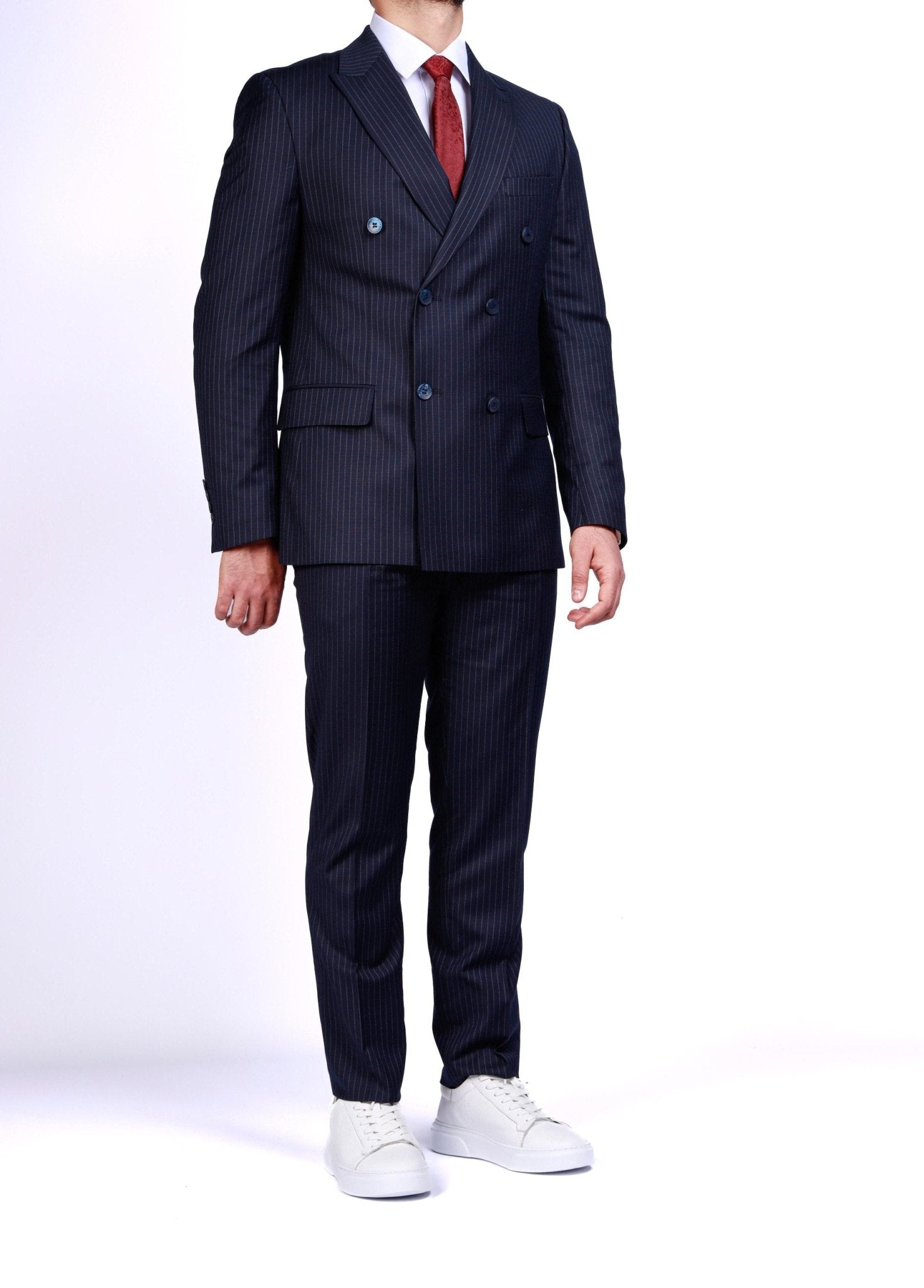 Men’s Dark Blue Pinstripe Suit - SUITHARBOR