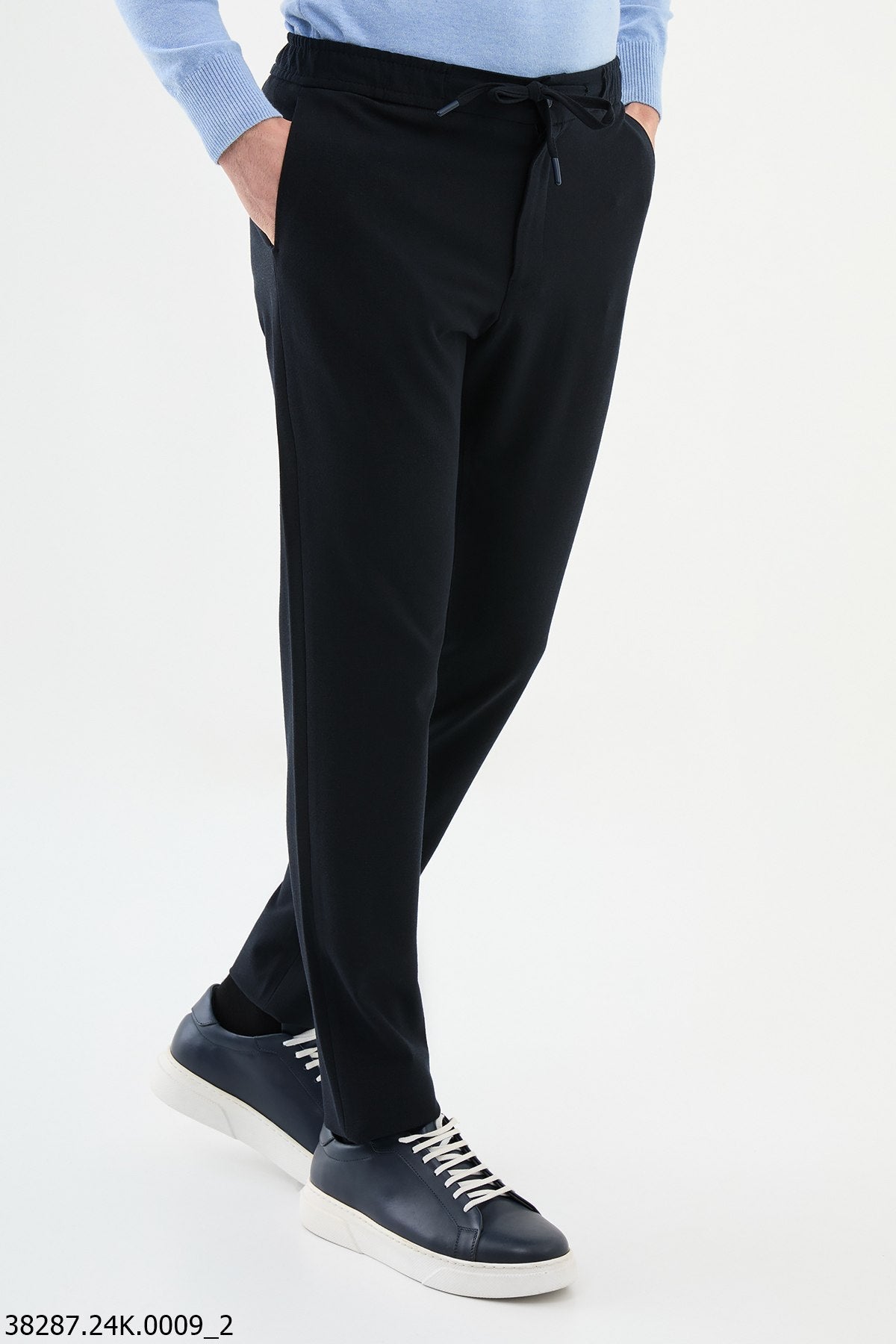 Men’s Dark Blue Slim Fit Drawstring Smart Trousers - SUITHARBOR
