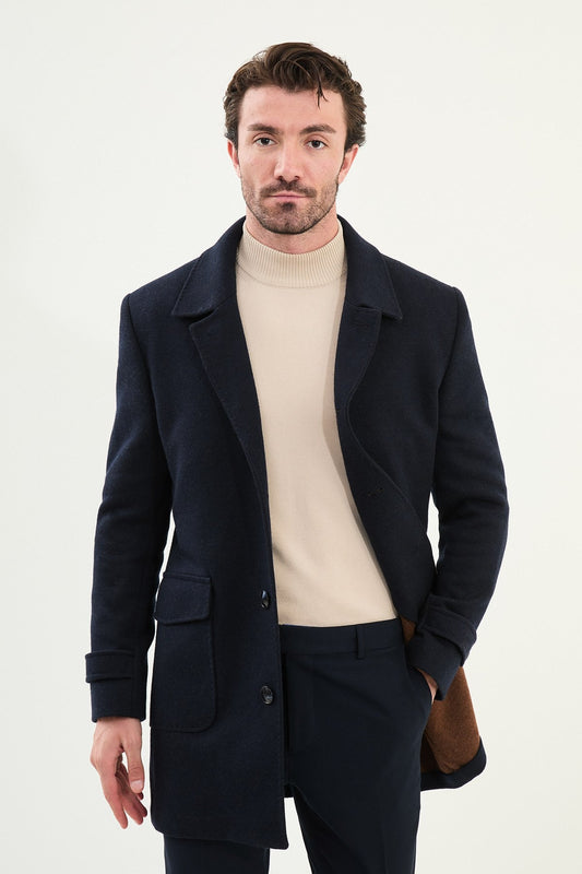 Men’s Dark Blue Slim Fit Wool Blend Coat - SUITHARBOR