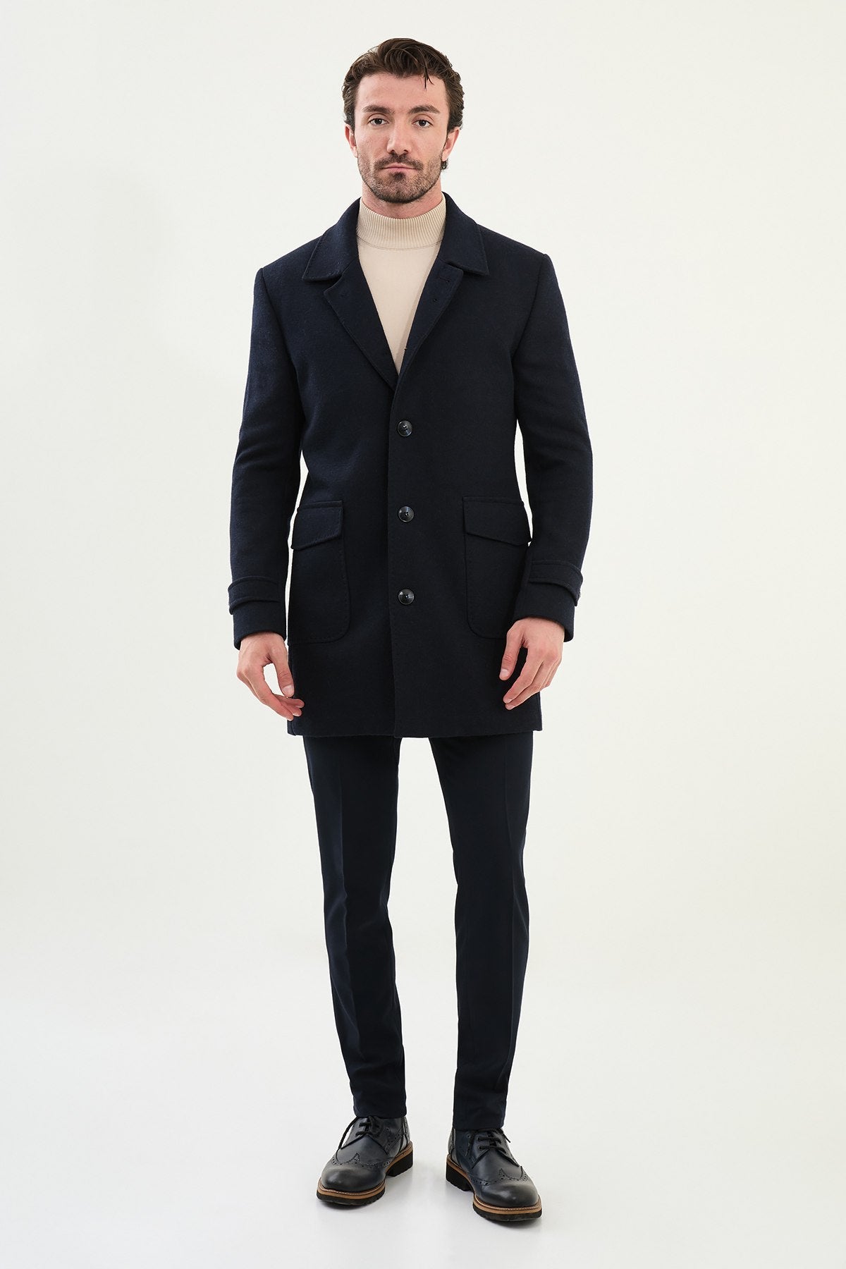 Men’s Dark Blue Slim Fit Wool Blend Coat - SUITHARBOR