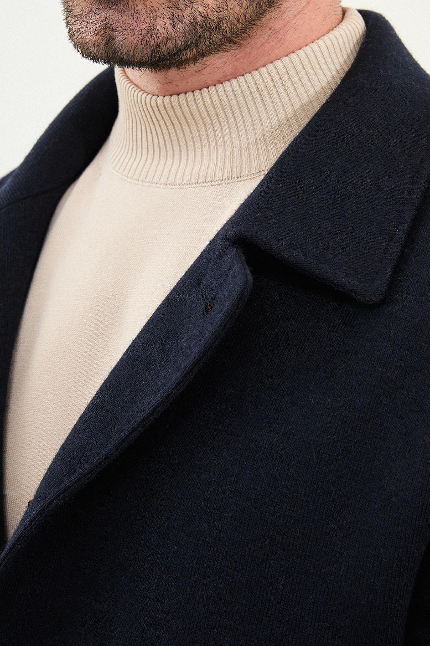 Men’s Dark Blue Slim Fit Wool Blend Coat - SUITHARBOR