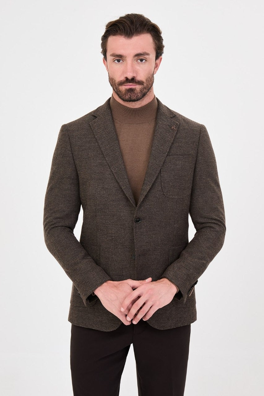 Men’s dark brown single-breasted blazer, alternate front view