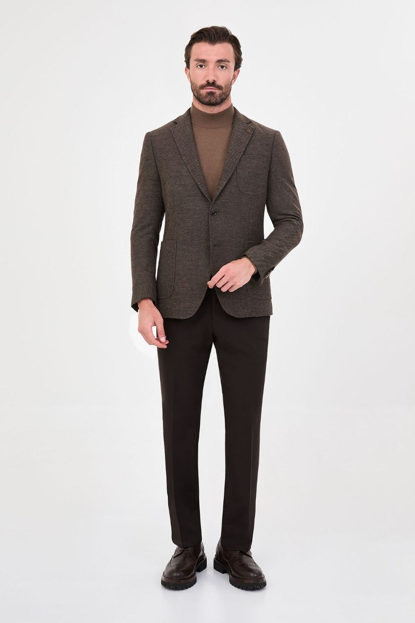 Men’s dark brown blazer, full-length outfit view