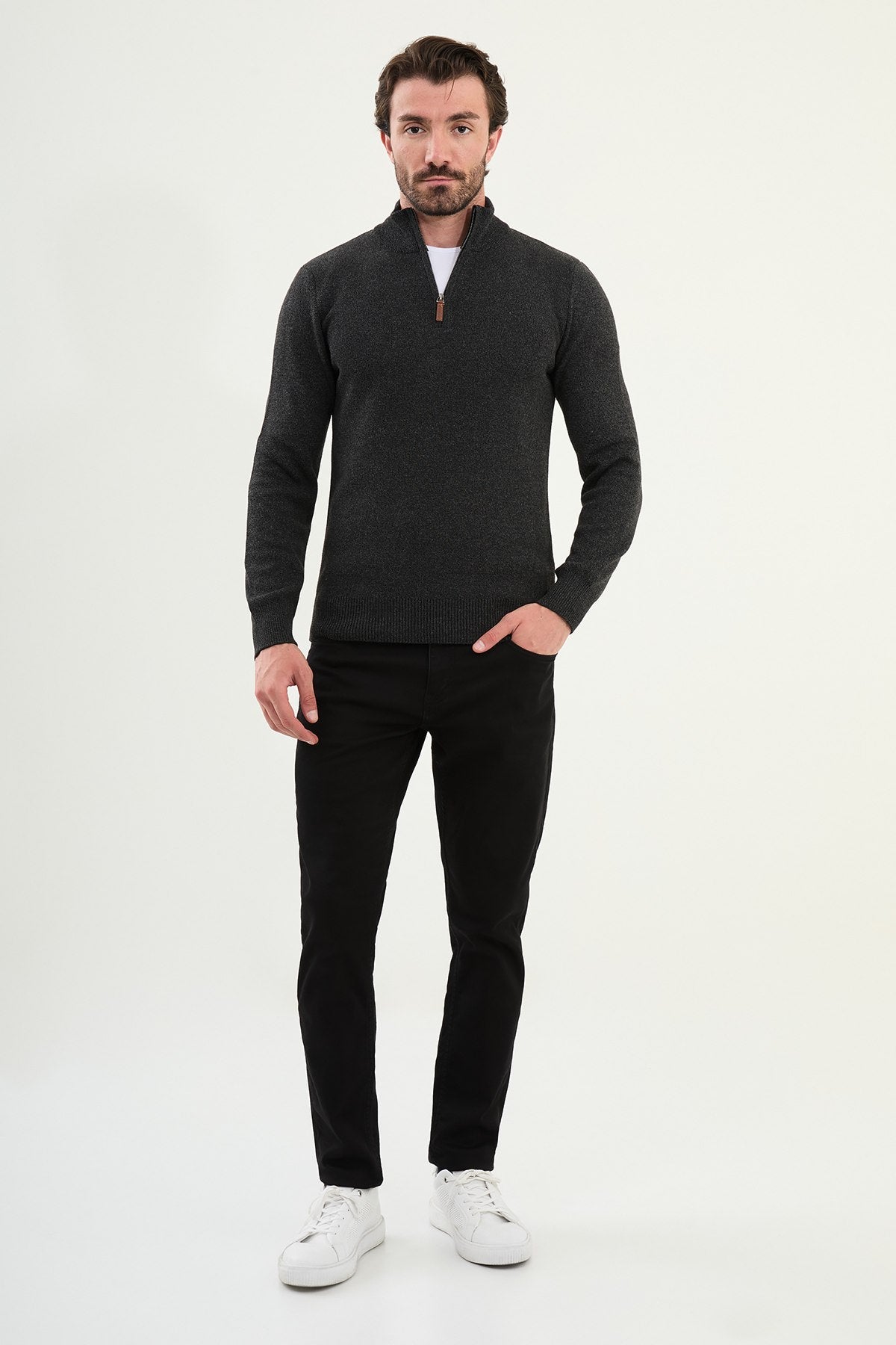 Men’s Dark Gray Slim Fit Half - Zip Knitwear Sweater - SUITHARBOR
