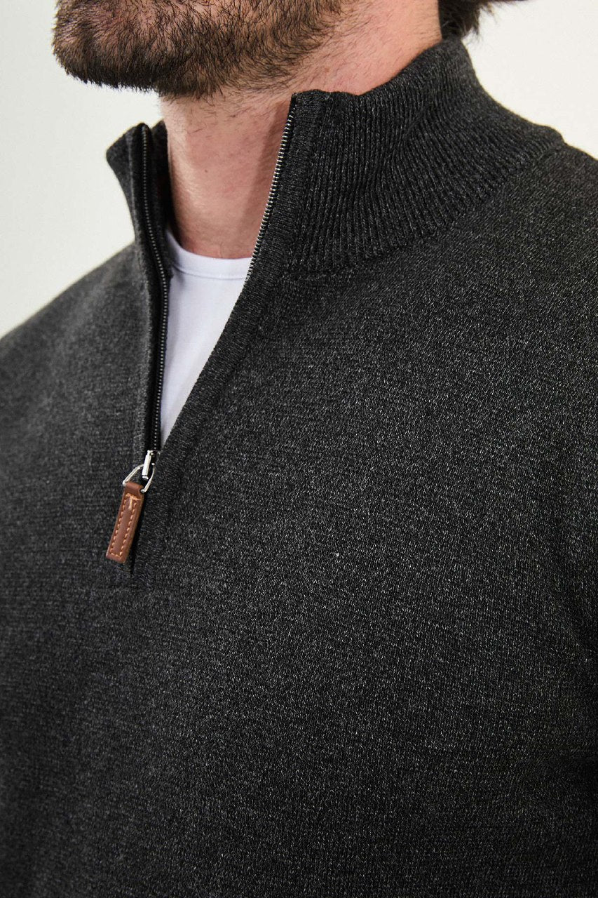 Men’s Dark Gray Slim Fit Half - Zip Knitwear Sweater - SUITHARBOR