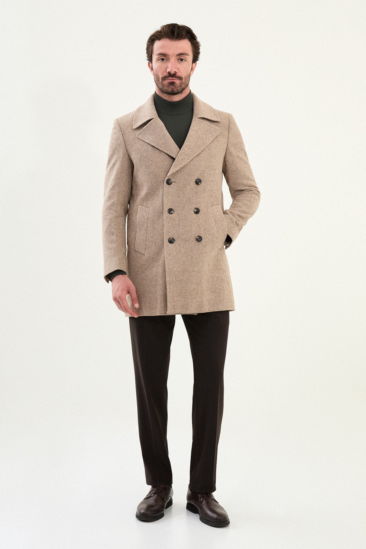 Men’s Double - Breasted Beige Wool - Blend Coat - SUITHARBOR