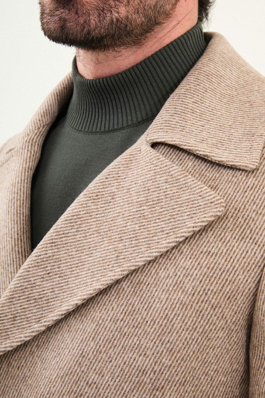 Men’s Double - Breasted Beige Wool - Blend Coat - SUITHARBOR