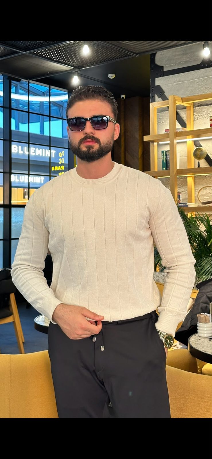Men’s Ecru cotton blend crew neck sweater, front view
