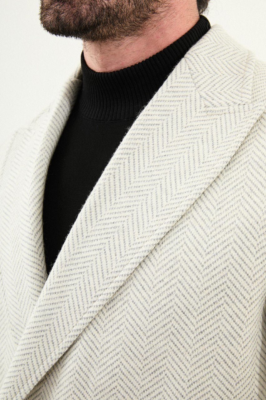 Men’s Ecru Double - Breasted Slim Fit Coat - SUITHARBOR