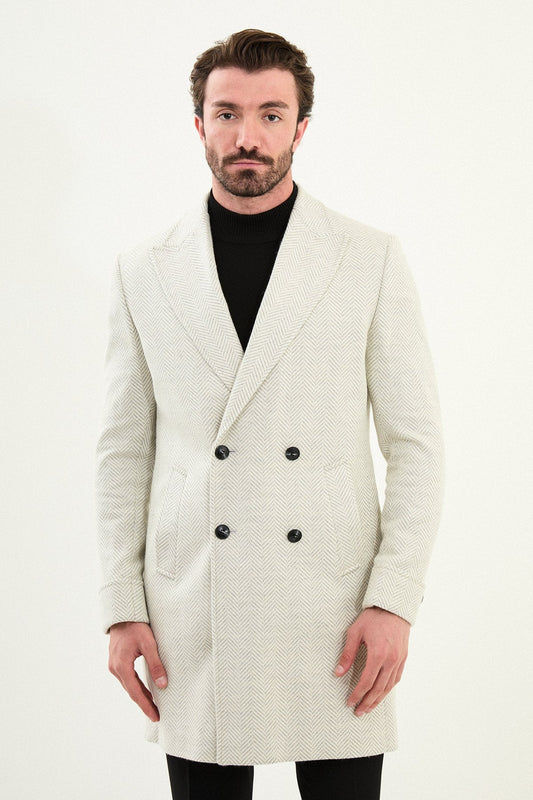 Men’s Ecru Double - Breasted Slim Fit Coat - SUITHARBOR