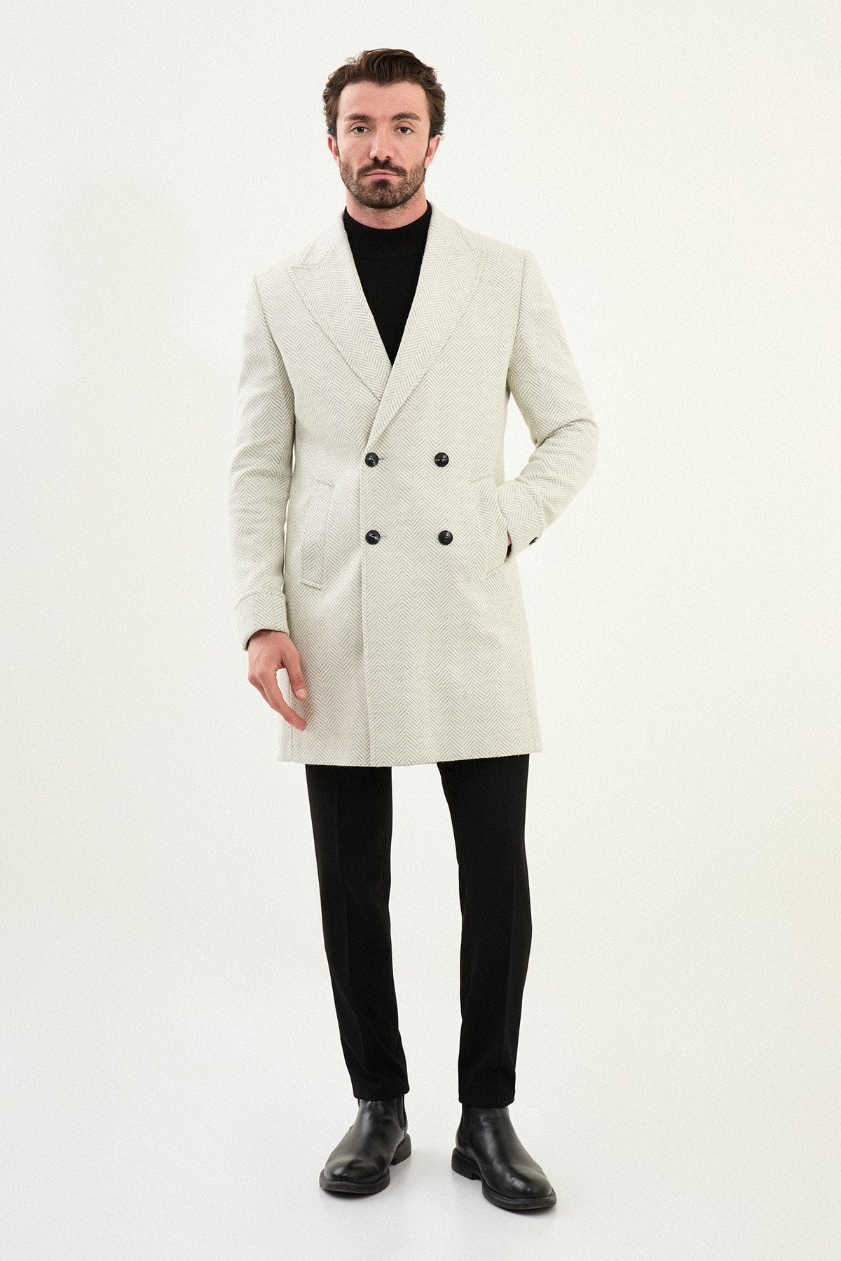 Men’s Ecru Double - Breasted Slim Fit Coat - SUITHARBOR