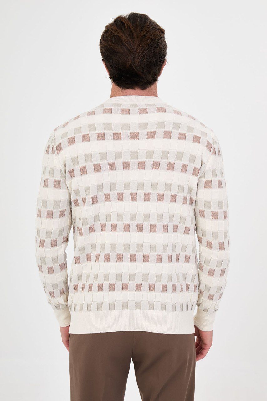 Back view of the men's ecru geometric patterned sweater