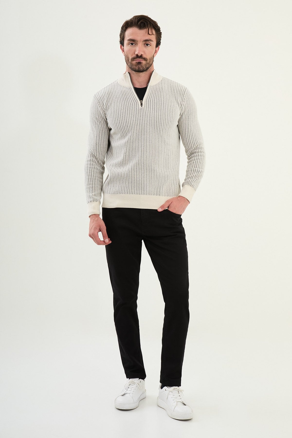 Men’s Ecru Ribbed Half - Zip Knitwear Sweater - SUITHARBOR
