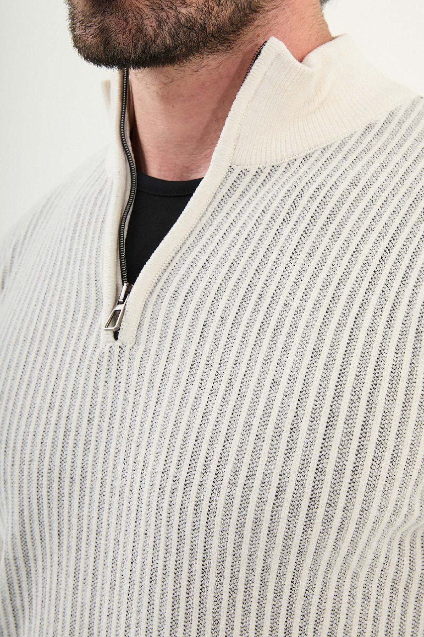 Men’s Ecru Ribbed Half - Zip Knitwear Sweater - SUITHARBOR