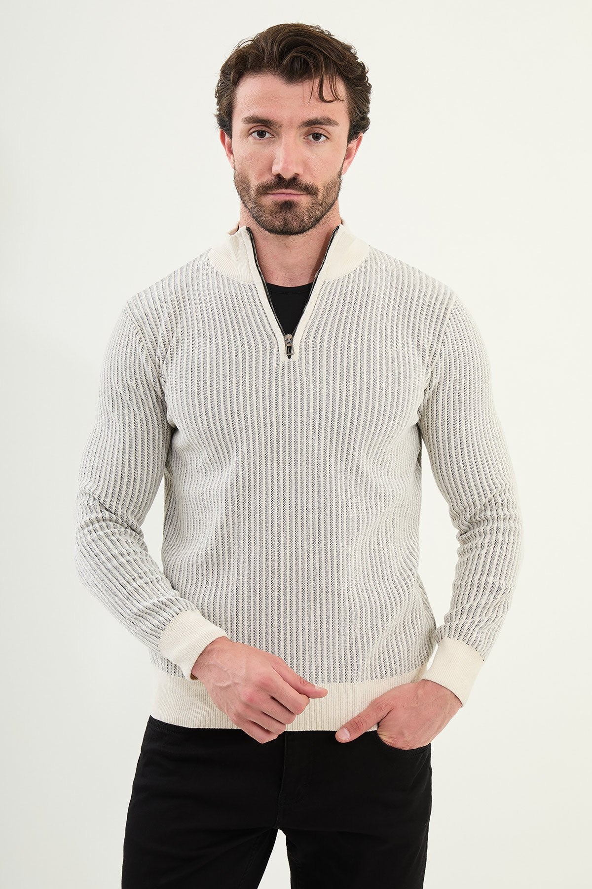 Men’s Ecru Ribbed Half - Zip Knitwear Sweater - SUITHARBOR
