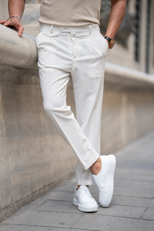 Men’s Ecru Slim Fit Seersucker Summer Trousers - SUITHARBOR