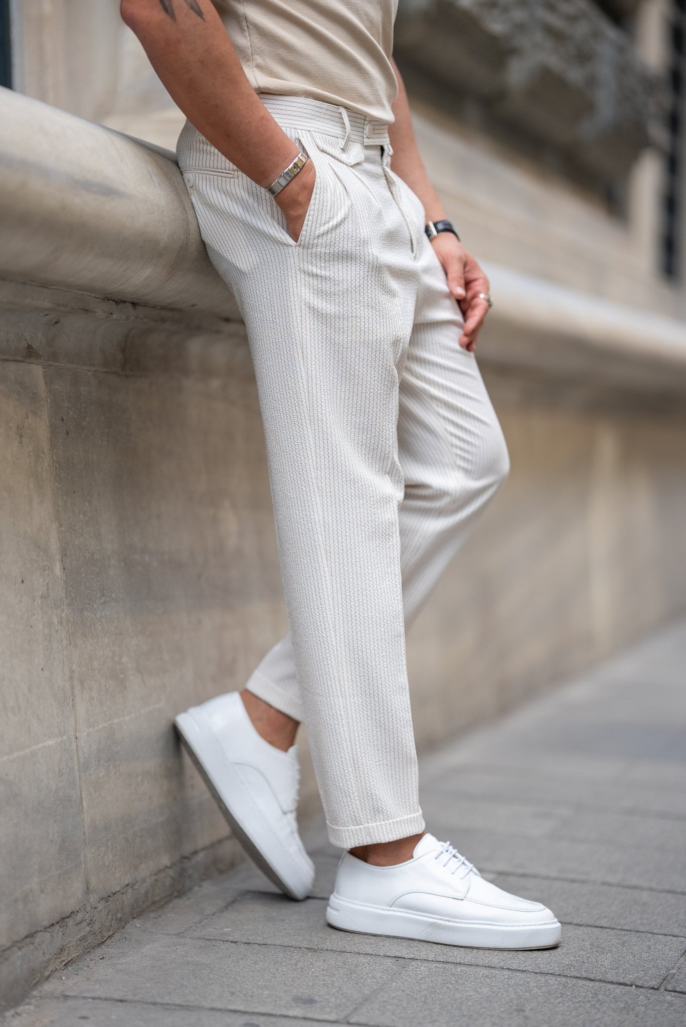 Men’s Ecru Slim Fit Seersucker Summer Trousers - SUITHARBOR