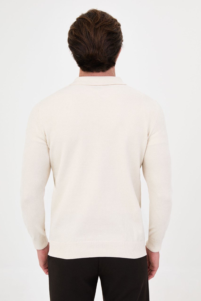 Back view of the men's ecru textured quarter-zip polo sweater