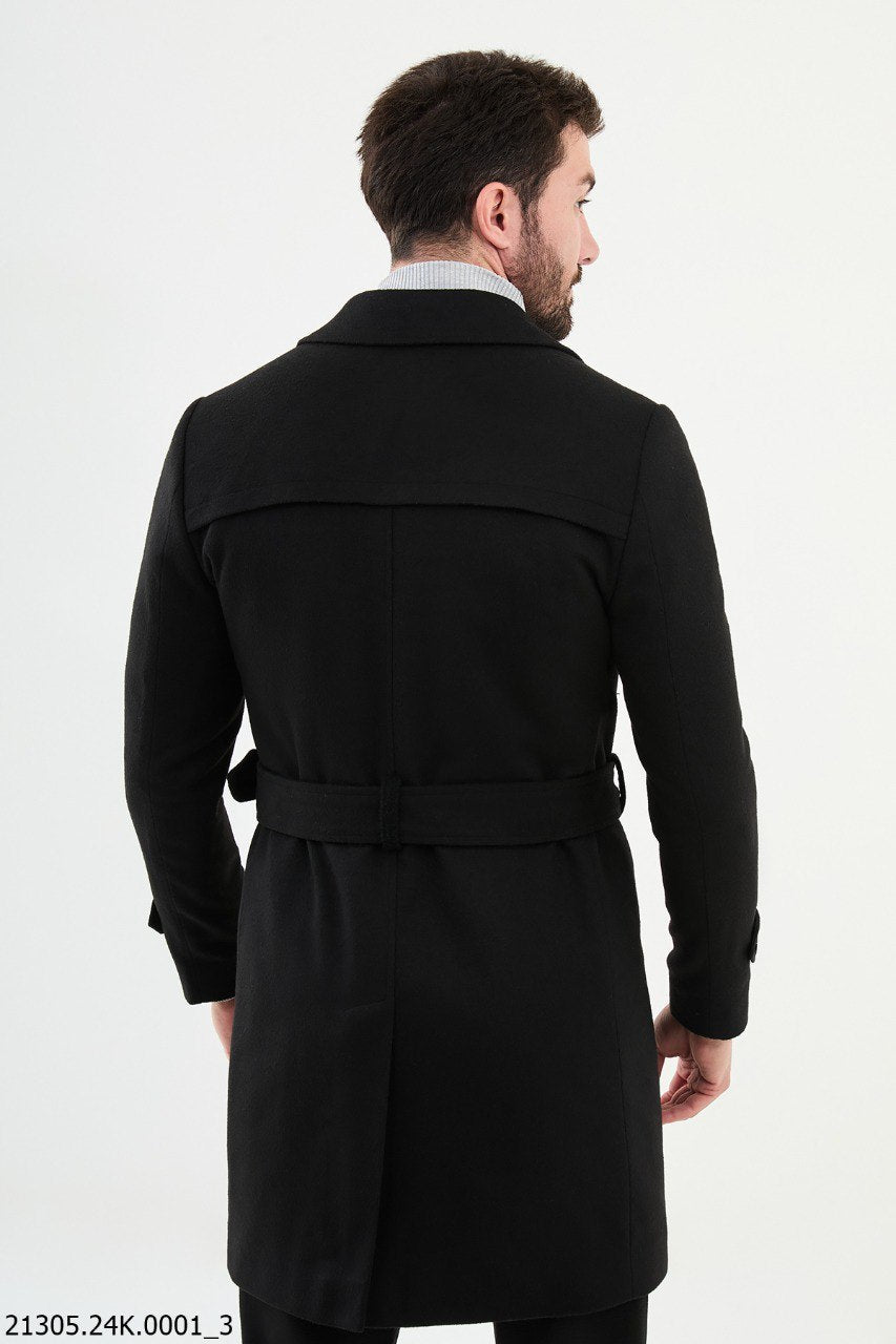 Men's Elite Black Double - Breasted Belted Trench Coat - SUITHARBOR