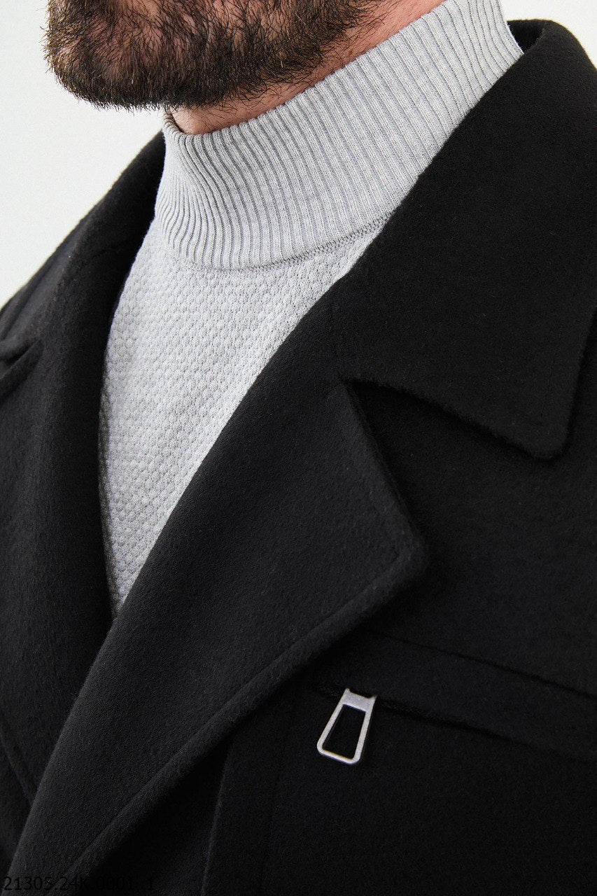 Men's Elite Black Double - Breasted Belted Trench Coat - SUITHARBOR
