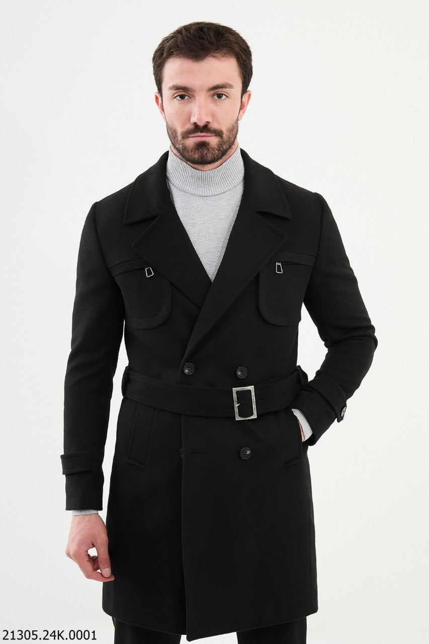 Men's Elite Black Double - Breasted Belted Trench Coat - SUITHARBOR