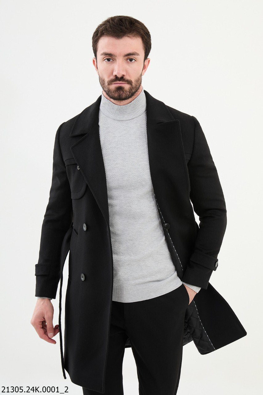 Men's Elite Black Double - Breasted Belted Trench Coat - SUITHARBOR