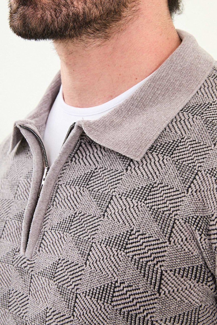 Men’s Gray Geometric Half - Zip Knitwear Polo Sweater - SUITHARBOR