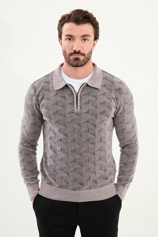 Men’s Gray Geometric Half - Zip Knitwear Polo Sweater - SUITHARBOR