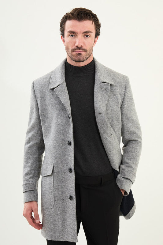 Men’s Gray Herringbone Double - Breasted Slim Fit Coat - SUITHARBOR