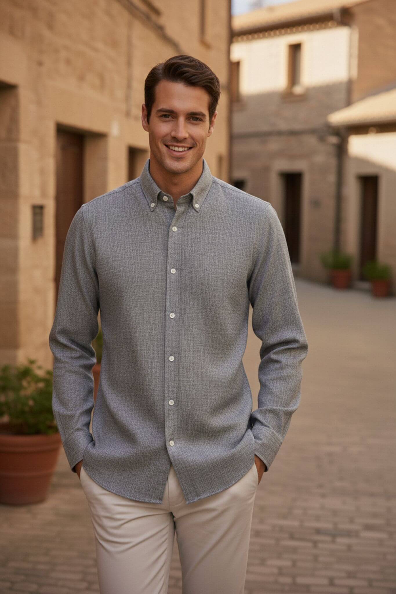 Men's Gray Linen Button - Down Shirt - SUITHARBOR