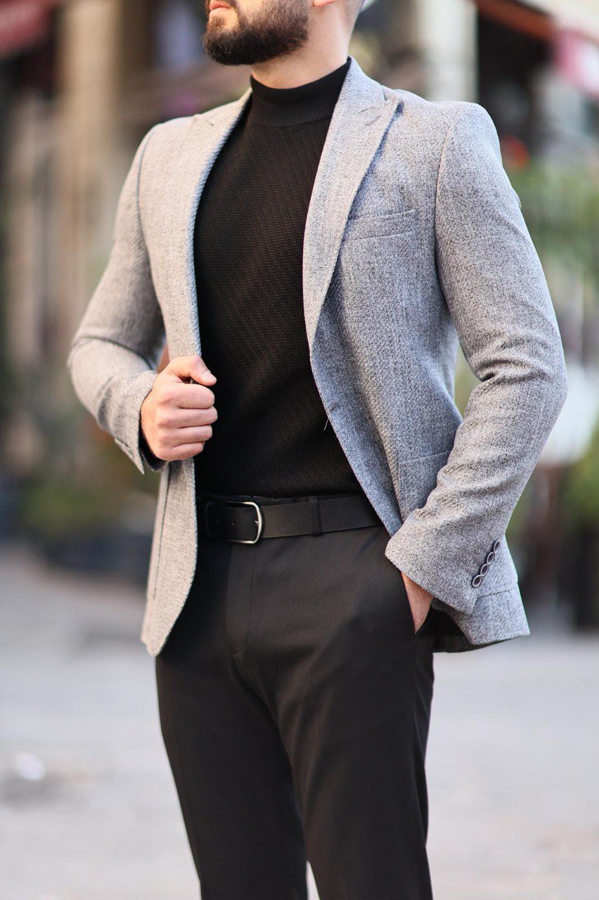 Gray slim fit textured mono-collar jacket product image 2