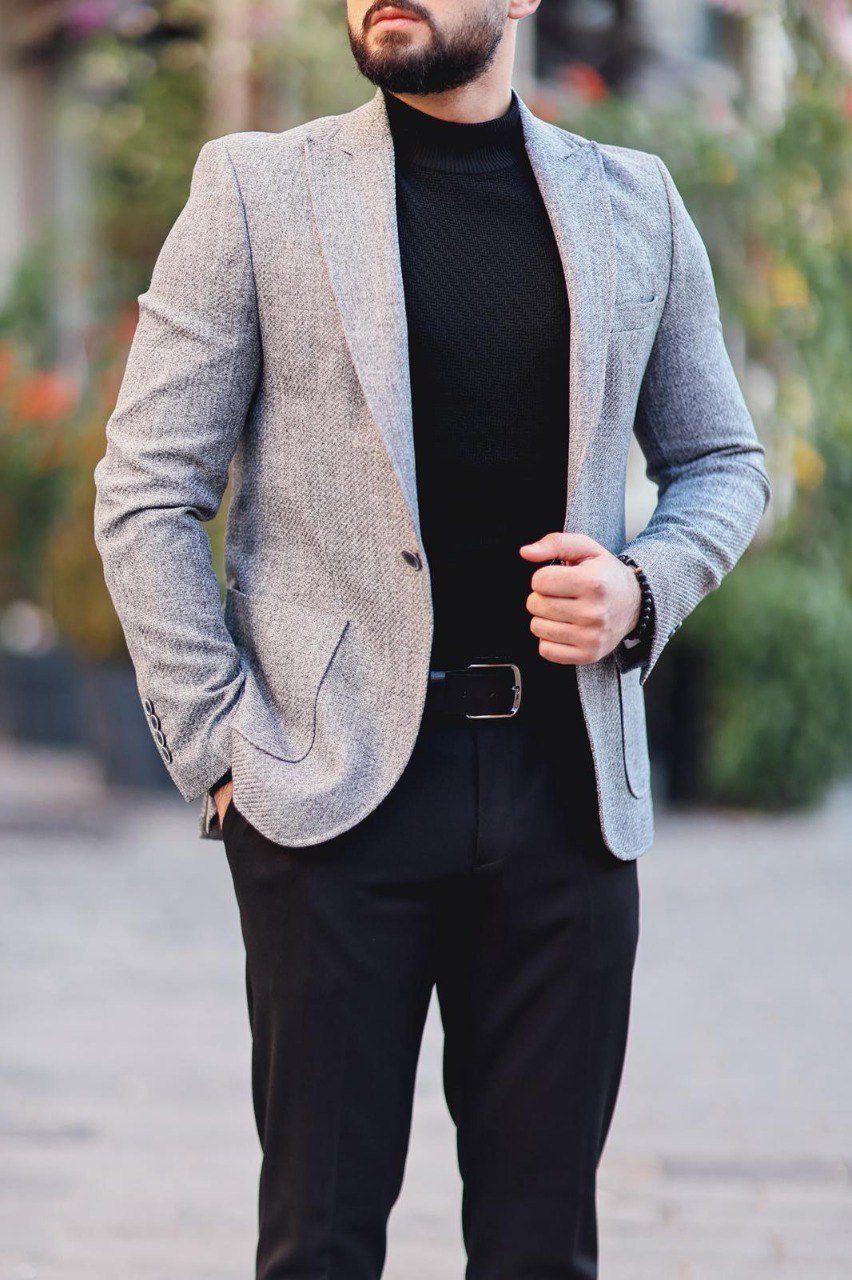 Gray slim fit textured mono-collar jacket product image 4
