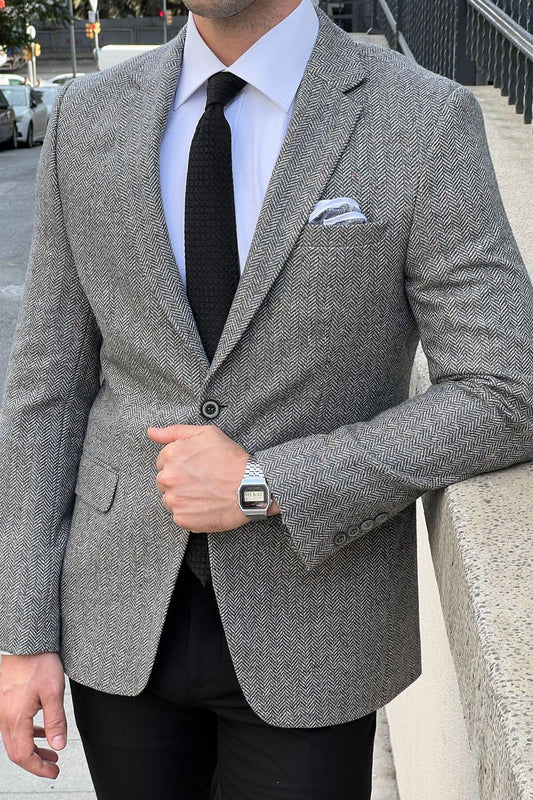 Men's Gray Slim - Fit Wool Herringbone Blazer - SUITHARBOR