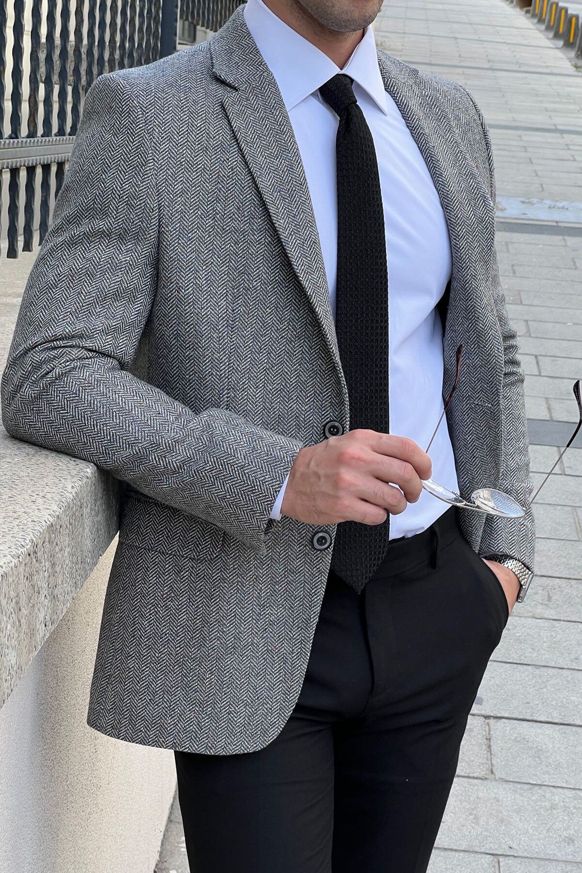 Men's Gray Slim - Fit Wool Herringbone Blazer - SUITHARBOR