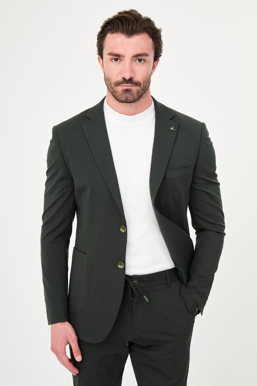Men's dark green two-piece suit front styled view