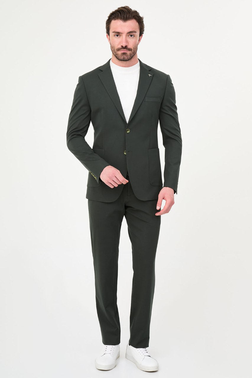 Men's dark green two-piece suit full-length outfit