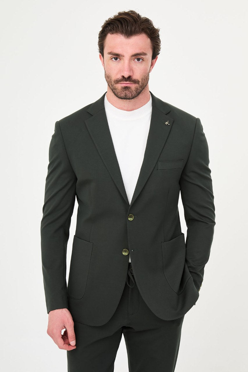 Men's dark green two-piece suit two-button jacket front