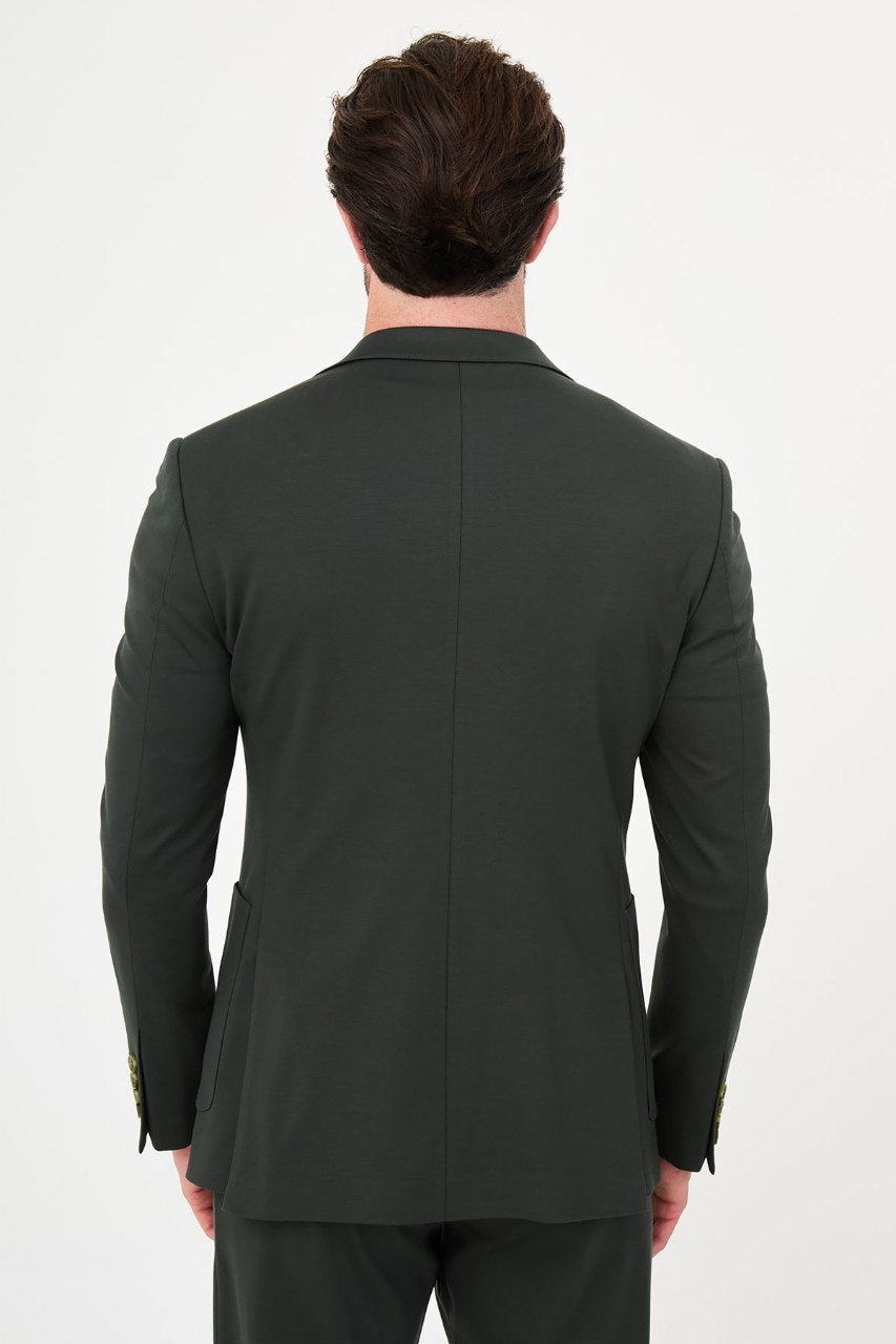 Men's dark green two-piece suit rear jacket view