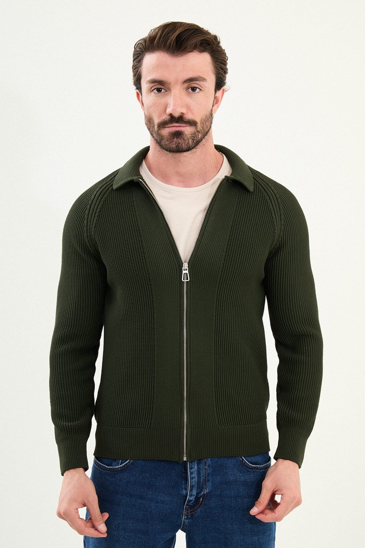 Men’s Green Ribbed Slim Fit Zip - Up Knitwear Sweater - SUITHARBOR