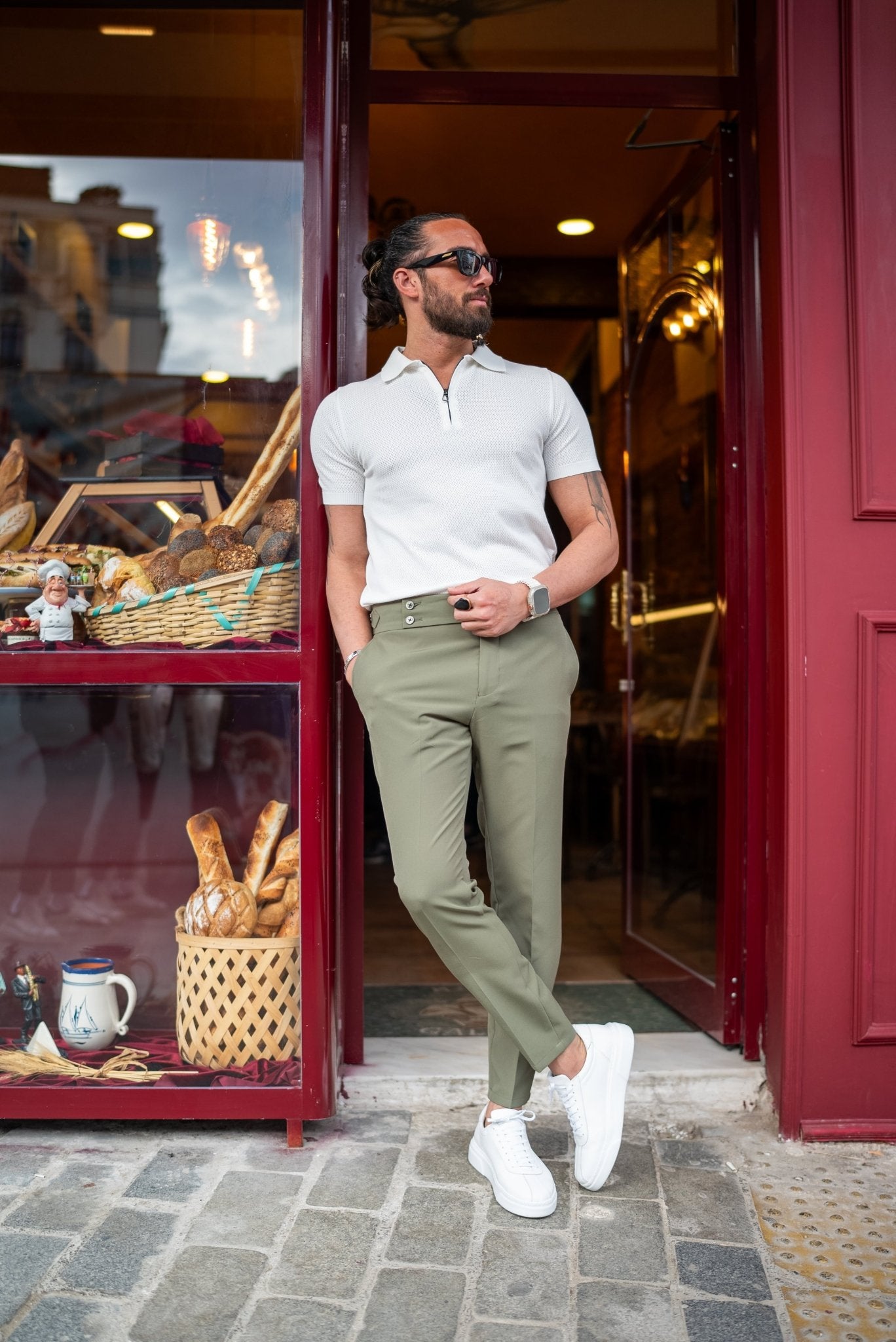 Men’s Green Slim Fit Belted Double - Button Trousers - SUITHARBOR